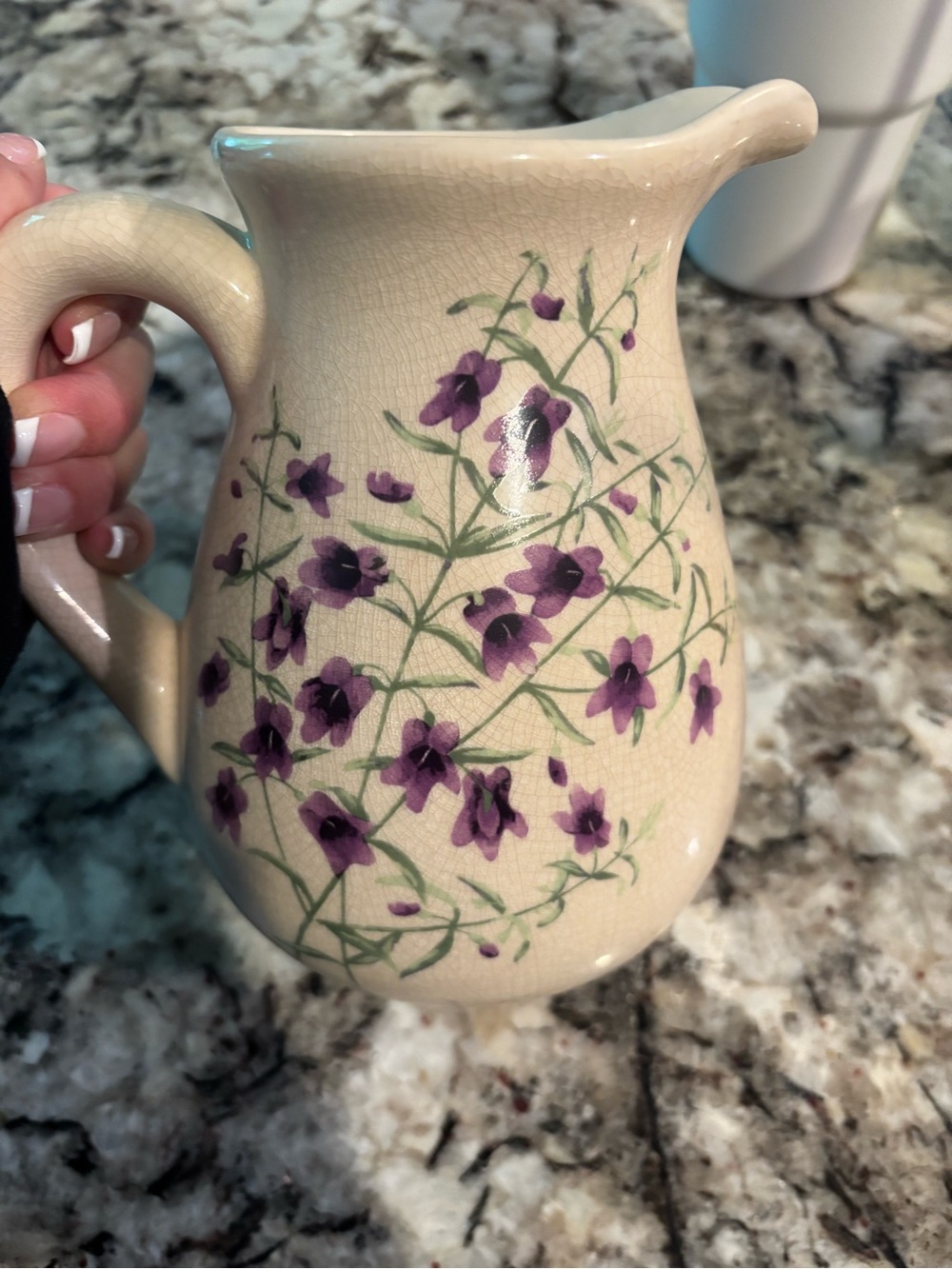 Cream Ceramic Pitcher with Purple Floral Pattern